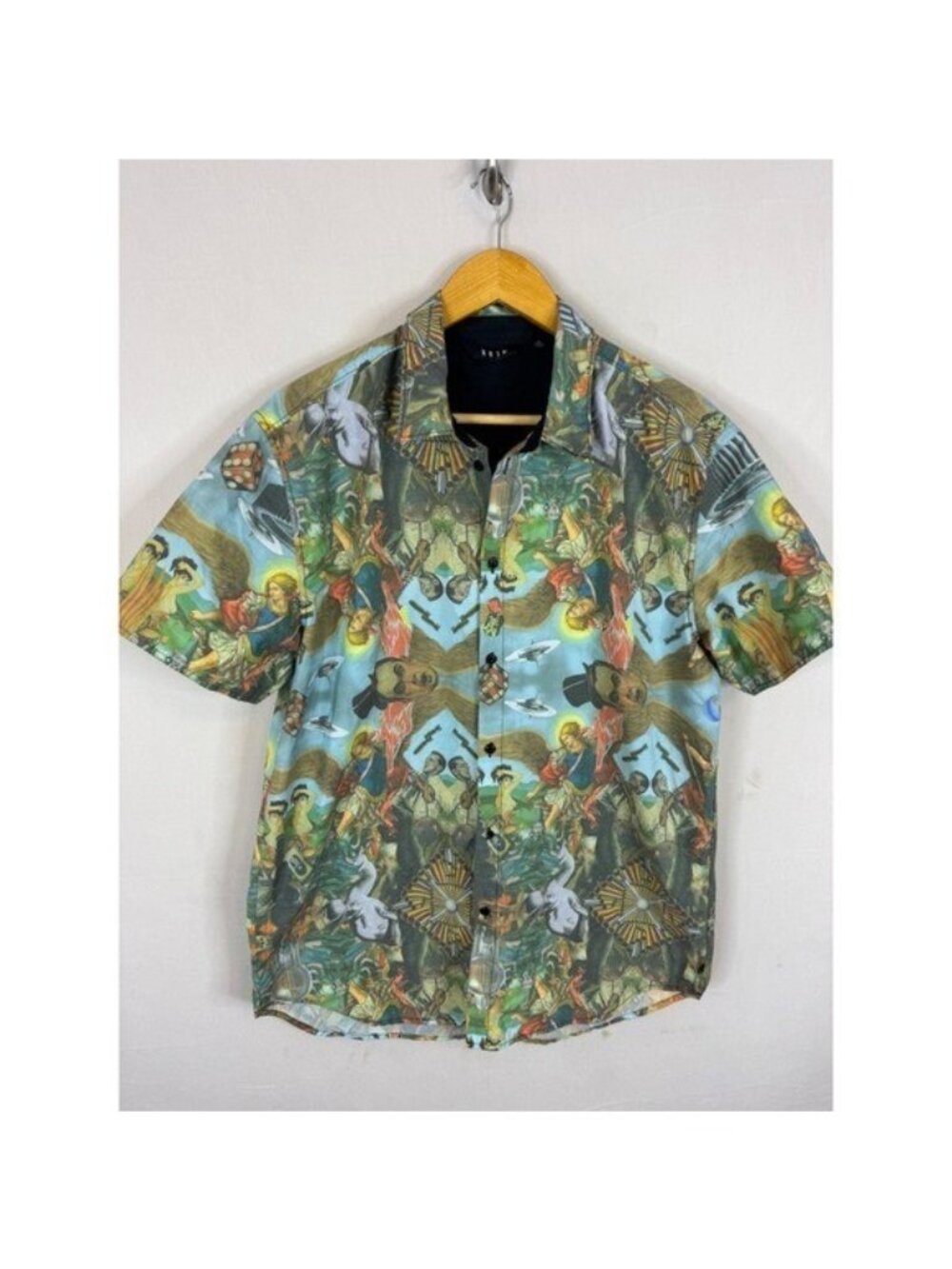 KR3W Mens Surrealist Graphic Print Button Down Shirt UFO Angel Multicolor  Men L
